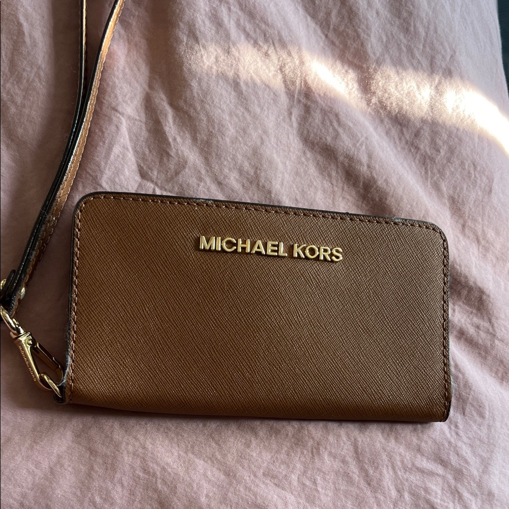 Michael Kors Tan Wristlet with Gold Accents